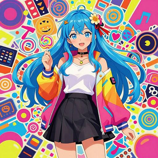 Vibrant anime-style digital drawing of a blue-haired girl in a white tank top, black skirt, and colorful jacket, holding a lollipop,