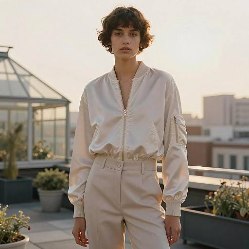 Non-binary Model in Silk Bomber on Rooftop Greenhouse