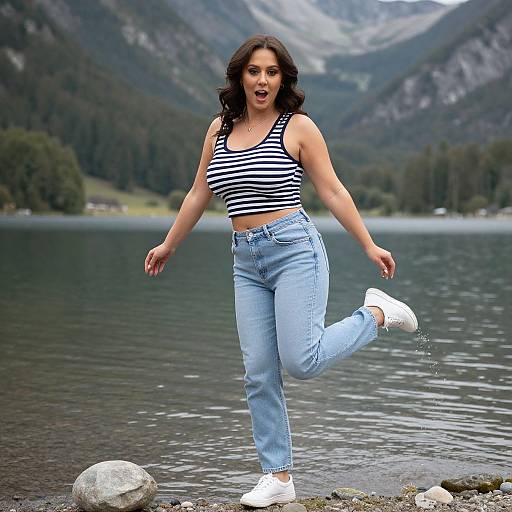 Photograph of a curvy brunette woman in a striped crop top and high-waisted jeans, running barefoot by a mountain lake.