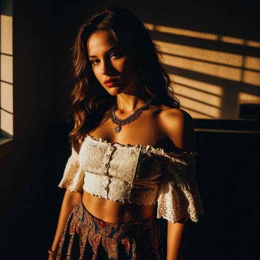 Woman in Ivory Lace Off-Shoulder Top at Golden Hour