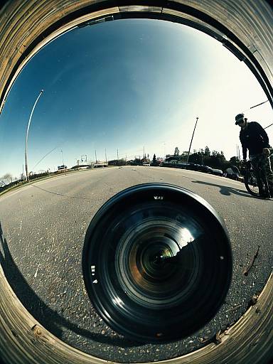 Woman with Bicycle Reflected in Circular Mirror