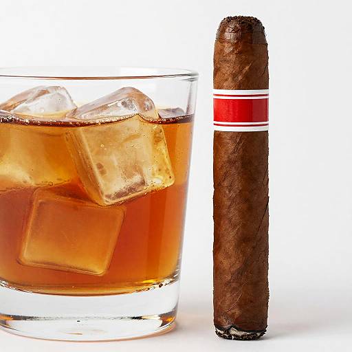 Photograph of a glass of amber whiskey with ice cubes, next to a dark, textured cigar with a red band.