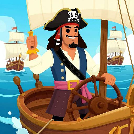 Colorful digital cartoon of a smiling pirate with black hat and skull emblem, holding a gun, steering a wooden ship. Background features blue sky and sailing