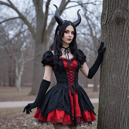 Photograph of a pale-skinned woman with black hair, wearing a black and red lace devil costume with horns, black gloves, standing by a tree