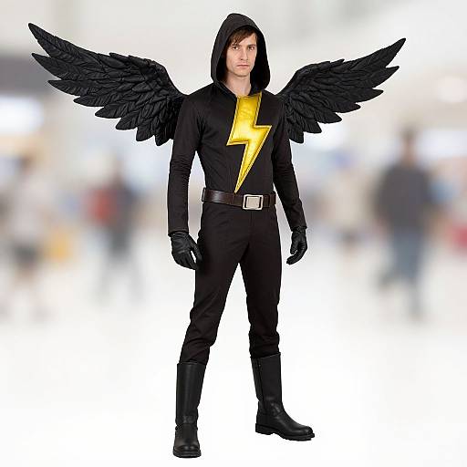 Photograph of a young man in a black superhero costume with black wings, yellow lightning bolt, hooded, black gloves, and boots. Blurred
