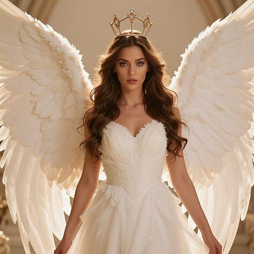 Photograph of a woman with long brown hair, wearing a white feathered angel dress, gold crown, and large white wings, standing against a softly