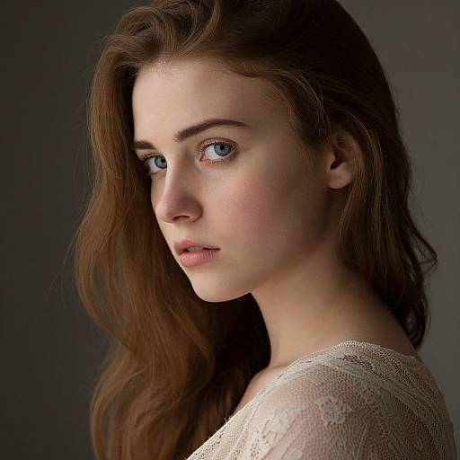 Photograph of a young woman with fair skin, blue eyes, and long brown hair, wearing a lace top, looking intensely forward. Dark gray background