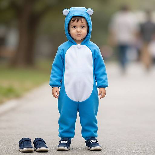 Photograph of a cute toddler in a blue and white animal onesie with bear ears, standing on a pathway, wearing black sneakers. Blurred background