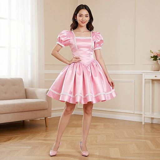 Photograph of a smiling woman with long black hair in a pink satin puffed-sleeve dress and matching heels, standing in a bright, cream