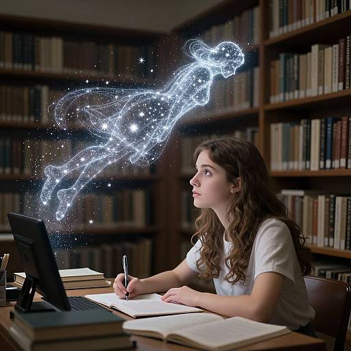 Photograph of a curly-haired woman in a white shirt, writing in a library, with a glowing, starry constellation of light tracing a path over