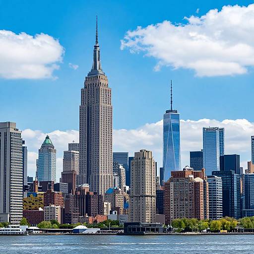 Photograph of New York City skyline with Empire State Building, One World Trade Center, and other skyscrapers under a bright blue, partly cloudy sky