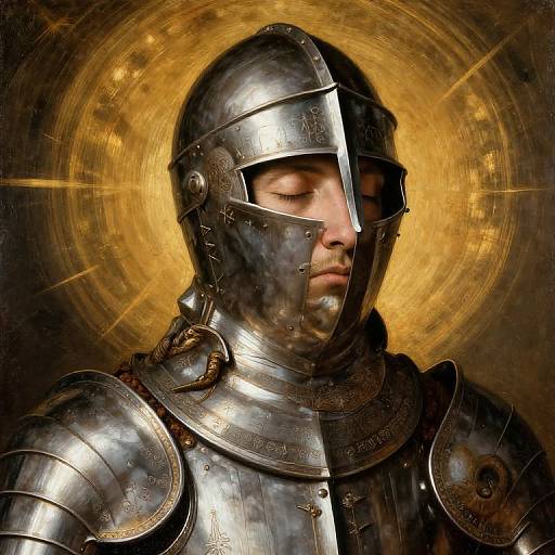 Photograph of a solemn male knight in polished, reflective medieval armor with a glowing golden halo, eyes closed, set against a dark, textured background.