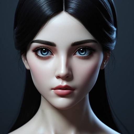 CGI digital portrait of a young woman with pale skin, striking blue eyes, black hair, and soft pink lips, illuminated by dramatic light against a