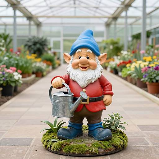 Photograph of a colorful garden gnome statue with blue hat, red shirt, holding a silver watering can, standing on moss, in a vibrant greenhouse with
