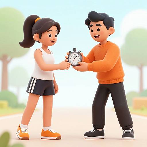 Digital illustration of a smiling Asian man in an orange sweater and black pants, handing a stopwatch to a young Asian girl in a white tank top and black