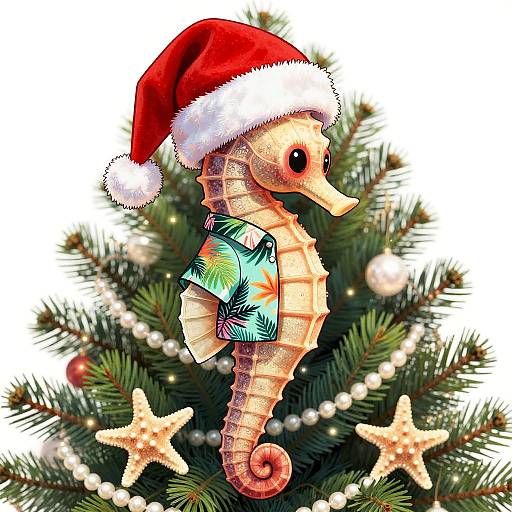Digital illustration of a festive seahorse wearing a Santa hat and tropical shirt, adorned with Christmas tree pine needles, pearls, and starfish.