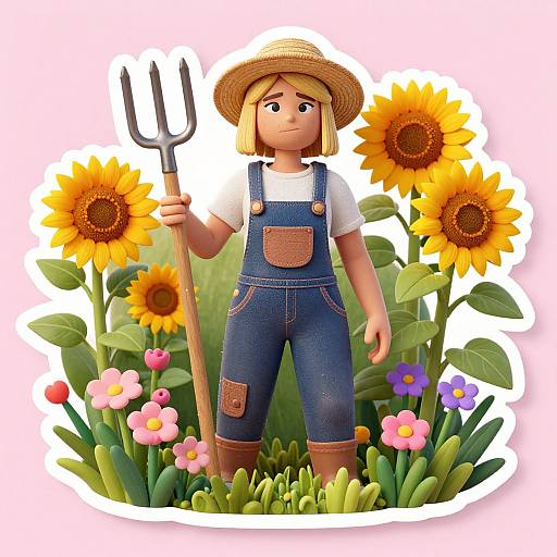 CGI cartoon of a blond girl in denim overalls, white shirt, straw hat, holding a pitchfork, standing among vibrant sunflowers and colorful