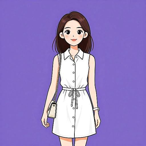 Digital drawing of a smiling Asian woman with straight brown hair, wearing a white sleeveless dress, small white purse, against a purple background.