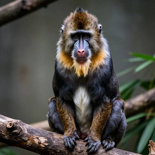 Photograph of a black-and-white colobus monkey with a yellow beard, sitting on a branch, looking directly at the camera, against a blurred green