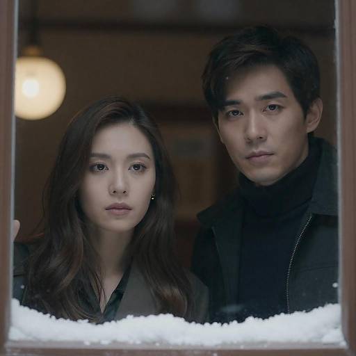 Photograph of an East Asian couple with serious expressions, standing behind a window with glowing snow-like decorations, both wearing dark clothing.