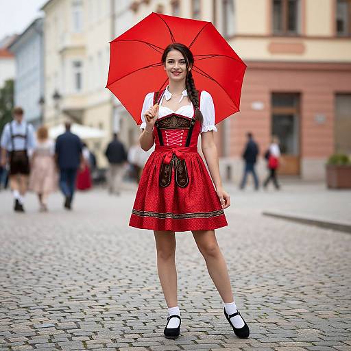 Photograph of a young woman in a red dress and white blouse, holding a bright red umbrella, walking on a cobblestone street with blurred,