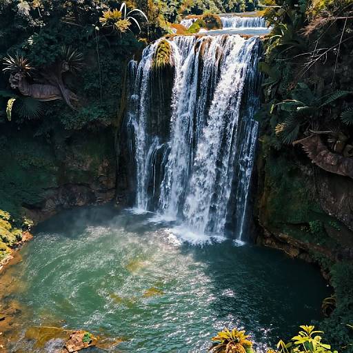 Photograph of a lush, tropical waterfall cascading into a clear, turquoise pool surrounded by dense greenery and sunlight-dappled foliage.