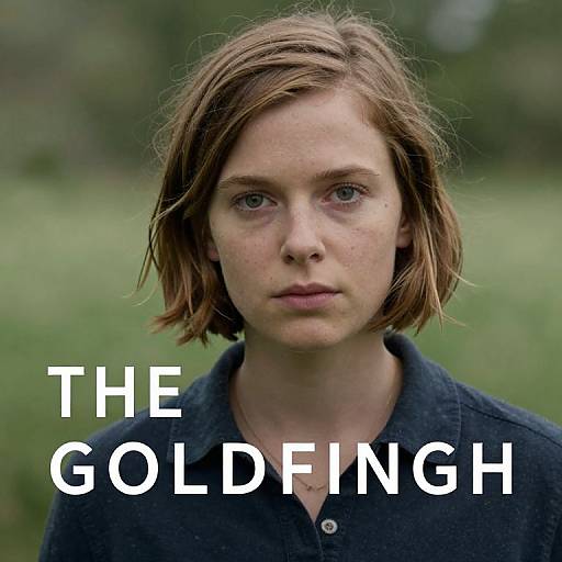 Photograph of a serious-faced young woman with short brown hair, wearing a dark blue shirt, set against a green blurred background with 