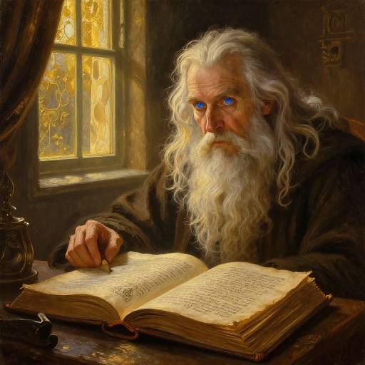 Digital painting of an elderly, white-haired wizard with blue eyes, reading an ancient book by a sunlit window. Warm, golden light highlights his intense