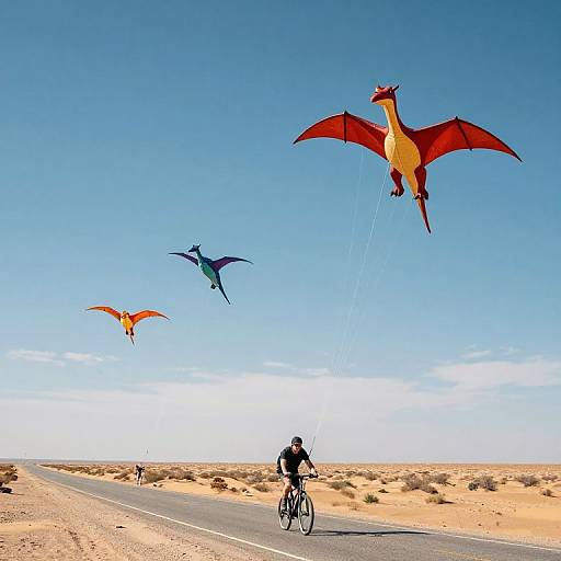 Photograph of a cyclist flying three colorful dragon kites in a bright blue sky over a desert road with sandy terrain.