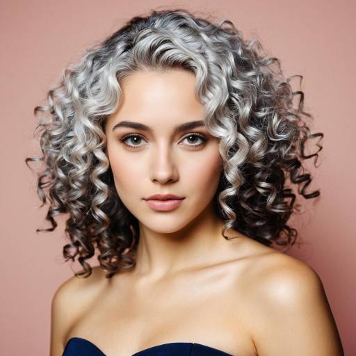 Young Woman with Curly Silver Hair in Navy Blue Dress