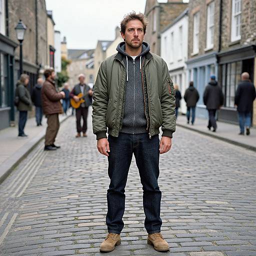 Photograph of a bearded man with curly hair, wearing a green jacket, gray hoodie, and black jeans, standing on a cobblestone street