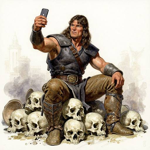 Muscular man with long brown hair, wearing dark armor and brown pants, kneels among skulls, taking a selfie with a smartphone. Digital illustration.