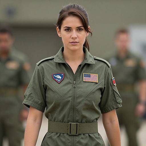 Photograph of a serious brunette woman in a green military uniform with American flag and blue patch, standing in front of blurred soldiers.