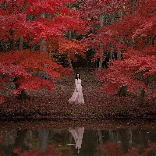Photograph of a black-haired bride in a white dress standing in a forest of vivid red maple trees, reflected in a calm pond.