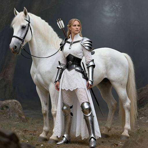 Armored Woman with White Horse in Mystical Forest