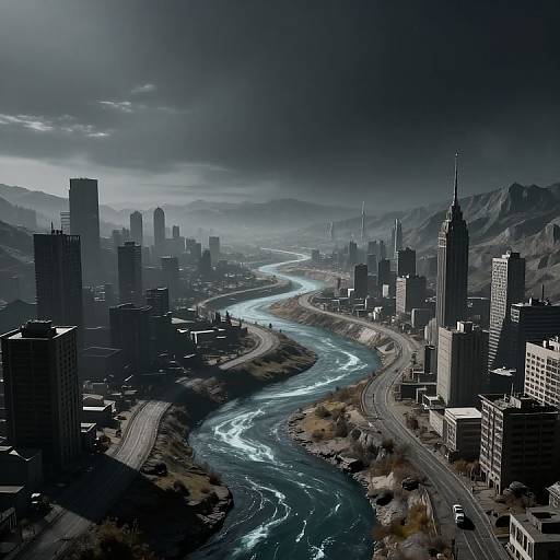 Photorealistic CGI cityscape of a dark, moody urban landscape with a winding, glowing river cutting through tall skyscrapers and mountainous terrain
