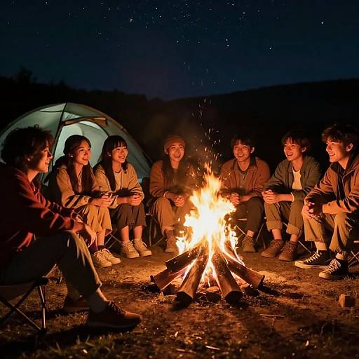 Photograph of seven smiling young adults sitting around a bright campfire at night, illuminated by the fire's warm glow, with a green tent in the