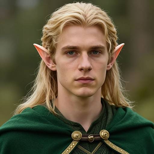 Photograph of a young, blonde, elf-like man with pointed ears, fair skin, and blue eyes, wearing a green cloak with gold buttons,