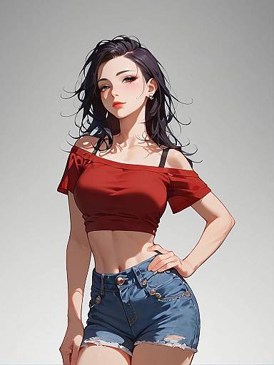 Stylish Woman in Red Crop Top and Denim Shorts