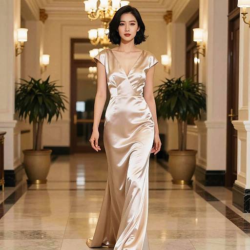 Photograph of an Asian woman with short black hair, wearing a shiny, satin, sleeveless, gold evening gown, walking down a luxurious, well