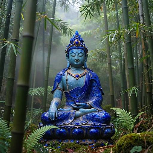 Photograph of a blue, ornately detailed Buddhist statue with a serene expression, seated in a misty bamboo forest.