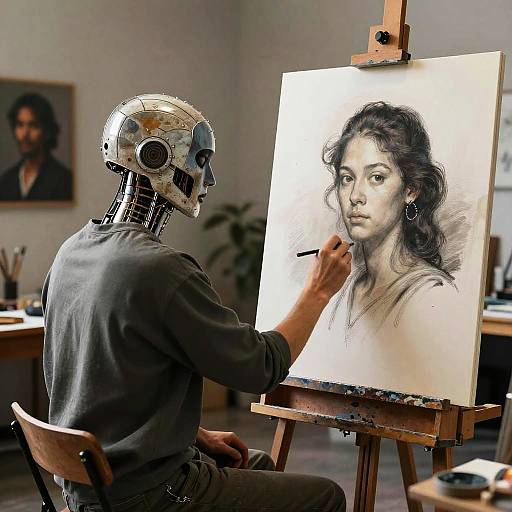 Photograph of a robotic human head artist painting a realistic black-and-white portrait of a woman on an easel in a bright studio.