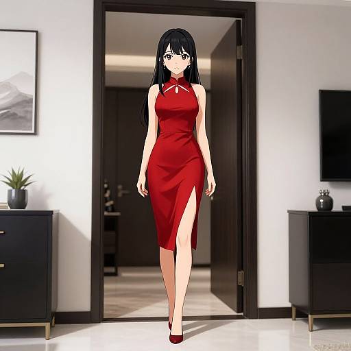 Anime-style digital drawing of a black-haired woman in a red, sleeveless, high-slit dress and matching heels, standing in a modern, minimalist