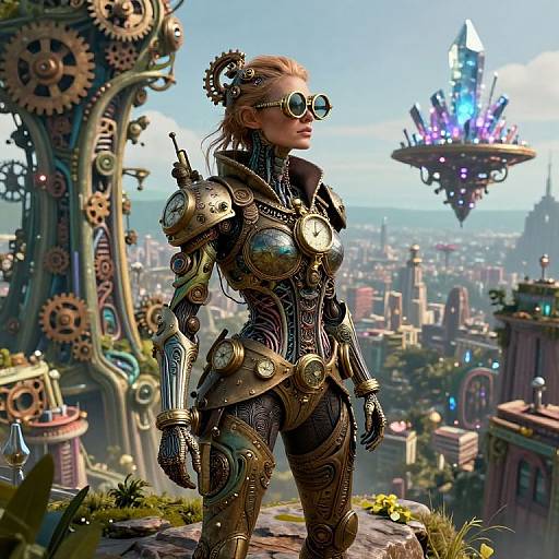 Steampunk Female Adventurer in Cityscape