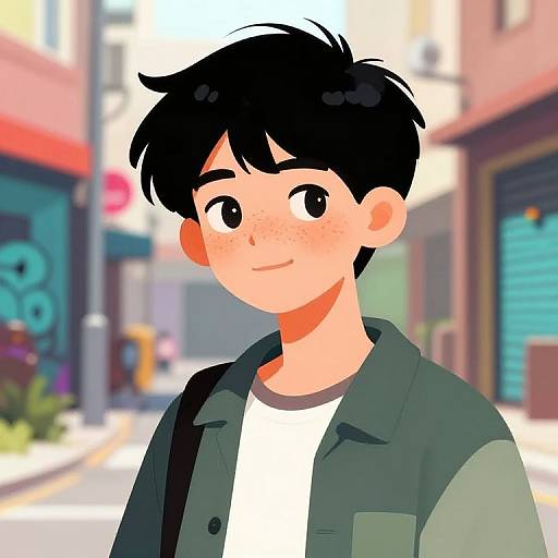Digital anime-style illustration of a young boy with black hair and freckles, wearing a green jacket over a white shirt, standing on a blurred urban