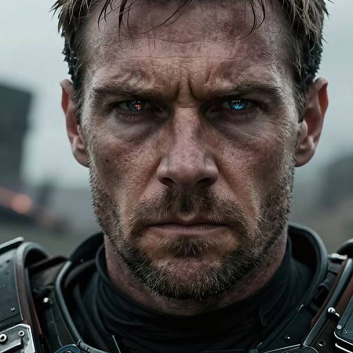 Close-up photograph of a rugged, bearded man with intense, mismatched eyes (one blue, one red) and worn, dirty face, wearing