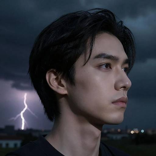 Serious Man in Profile with Lightning Storm