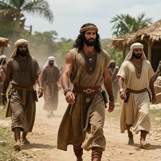 Photograph of muscular, bearded men in ancient warrior attire with headscarves and jewelry, walking down a dusty village path with thatched huts