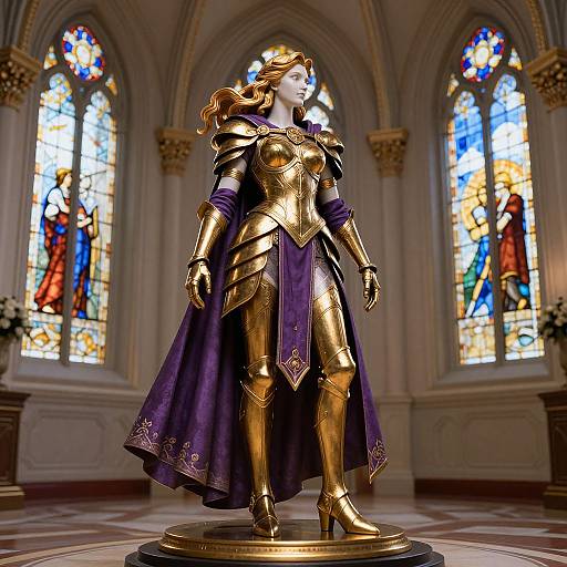 Digital artwork of a regal, armored woman with golden armor and purple cloak, standing in a Gothic cathedral with colorful stained glass windows.
