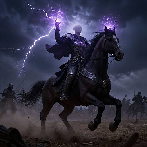 Digital fantasy artwork of a bald, armored warrior wielding purple lightning on a galloping black horse, stormy night background, other warriors in silhouette.